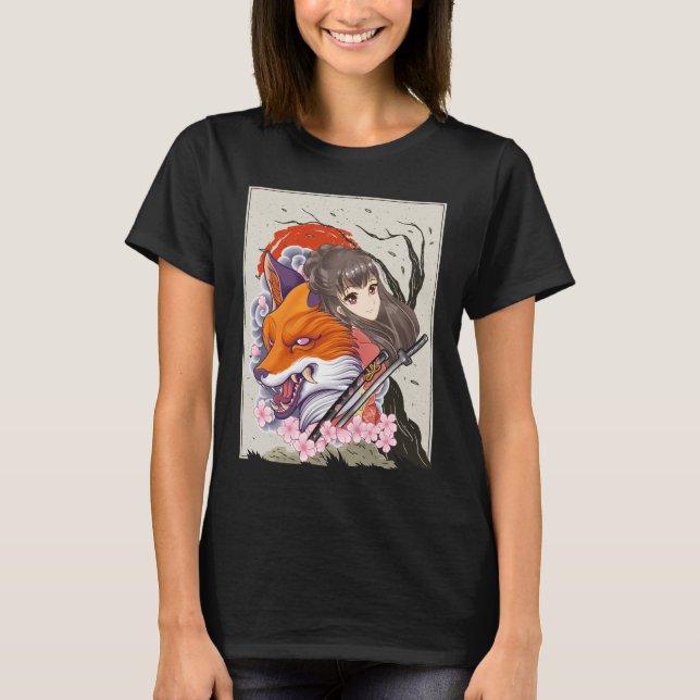 Anime Samurai Fox Otaku Japanese Girl T-Shirt (Vorderseite)