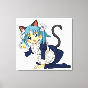 Anime-Schulmädchen-Katze auf ihren Knien im Leinwanddruck