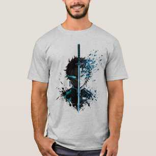 Anime-Schwert geteiltes Gesicht Krieger – Blauer E T-Shirt