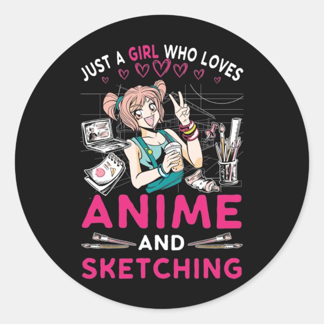 Anime Sketching Girl Otaku Teen Japanischer Comic  Runder Aufkleber (Vorderseite)