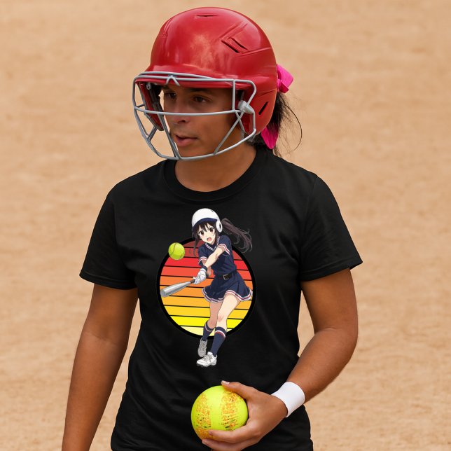 Anime Softball Girl On Retro Sunset Template T-Shirt (Von Creator hochgeladen)