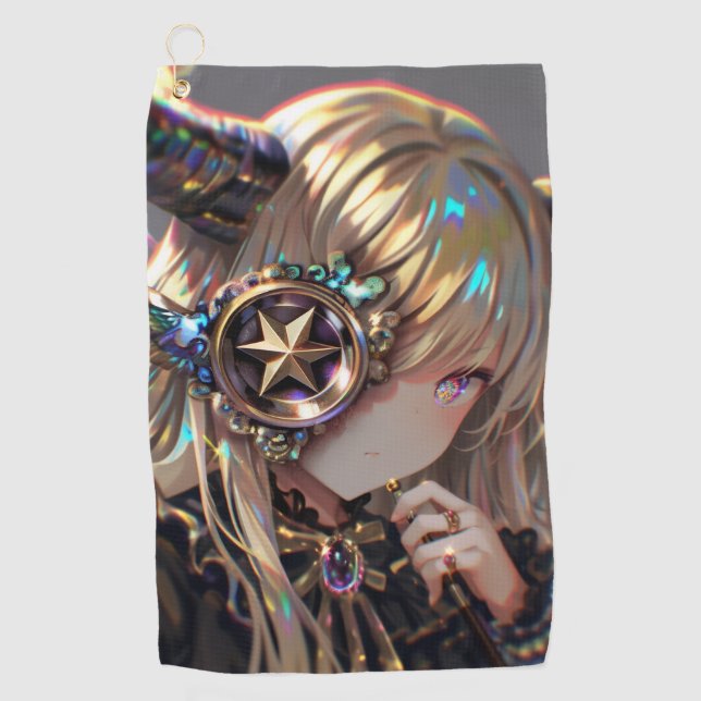 Anime Steampunk Horned Beauty mit Star Monocle Golfhandtuch (Vorderseite)