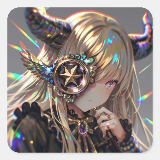 Anime Steampunk Horned Beauty mit Star Monocle Quadratischer Aufkleber (Vorderseite)