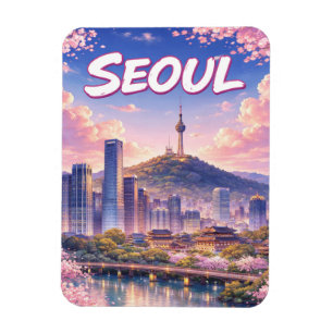 Anime-Stil-Seoul-Südkorea-Skyline-Postkarte Magnet