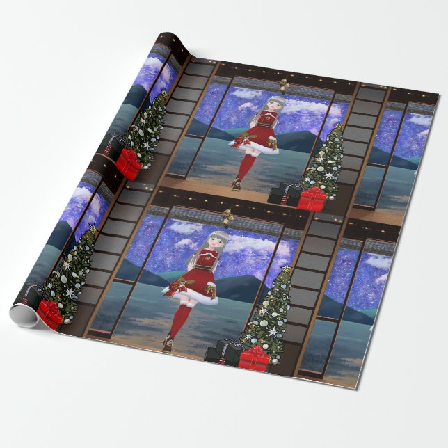 Anime Style Girl Christmas Wrapping Paper Geschenkpapier (Ungerollt)