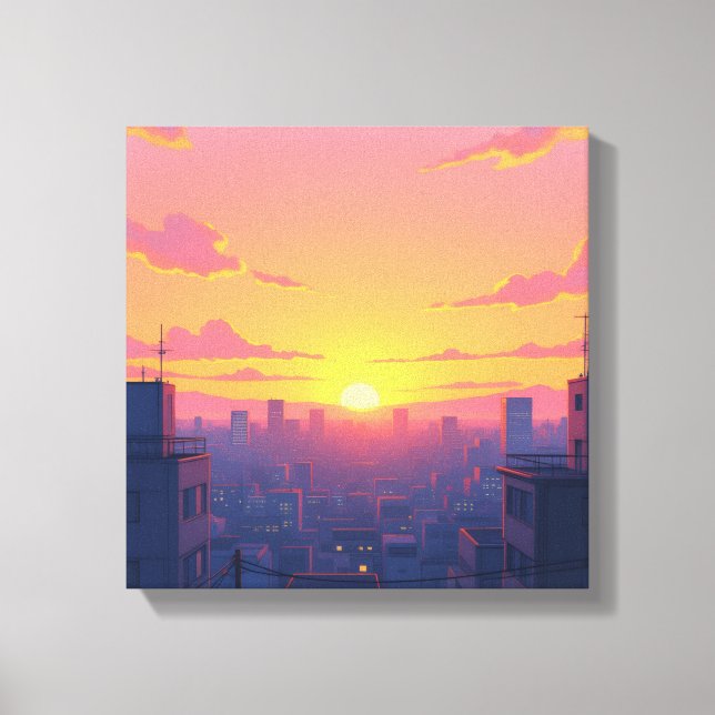 Anime Sunset Cityscape Stretched Canvas Print Leinwanddruck (Vorderseite)