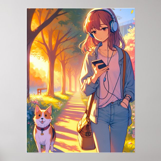 Anime Teenager hört Musik beim Hund Poster (Vorne)