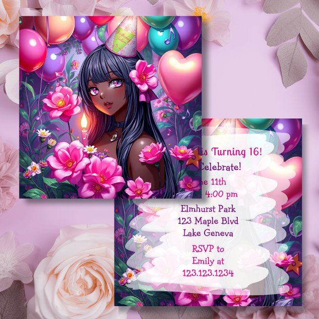 Anime Themed African-American Girl Birthday Einladung (Von Creator hochgeladen)