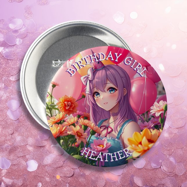 Anime Themed Birthday Girl Personalisiert Button (Von Creator hochgeladen)
