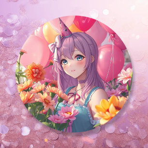 Anime Themed Birthday Girl Runder Aufkleber