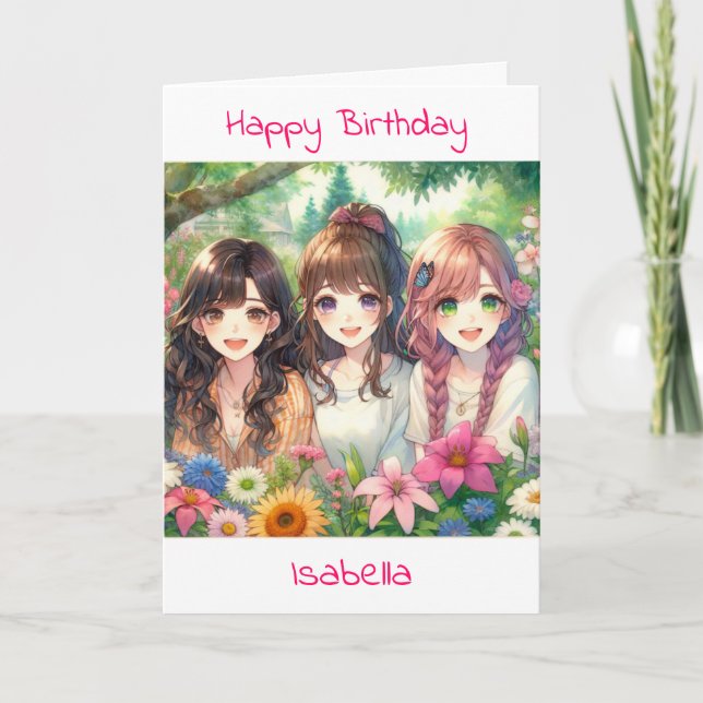 Anime Themed Girls Geburtstag | Farbseite Karte (Vorderseite)