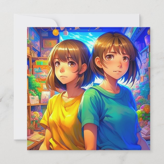 Anime Themed Twin Girls Geburtstagsparty Einladung (Vorderseite)