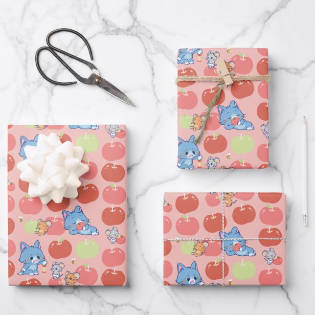Anime Tom, Jerry und Tuffy Apple Pattern Geschenkpapier Set (Vorderseite)