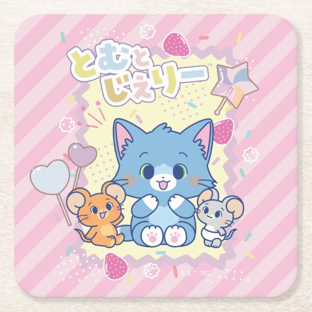 Anime Tom und Jerry Strawberry Fun Rechteckiger Pappuntersetzer (Vorderseite)