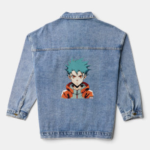 Anime Träume: Manga-Anime-Junge mit grünen Haaren Jeansjacke
