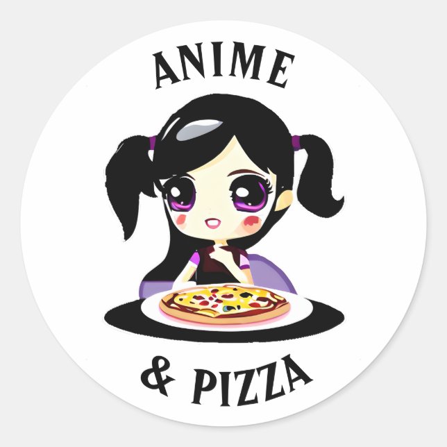 Anime und Pizza Schwarz und Lila Cartoon Runder Aufkleber (Vorderseite)