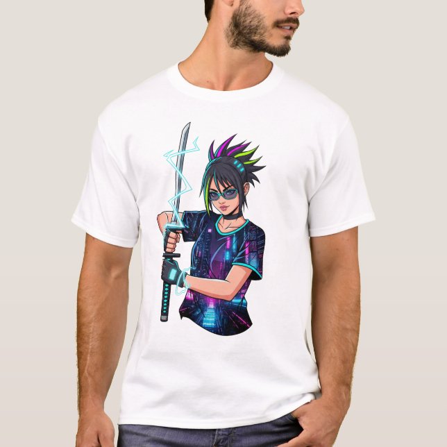 Anime Warrior Girl - Cyberpunk Neon Katana T-Shirt (Vorderseite)