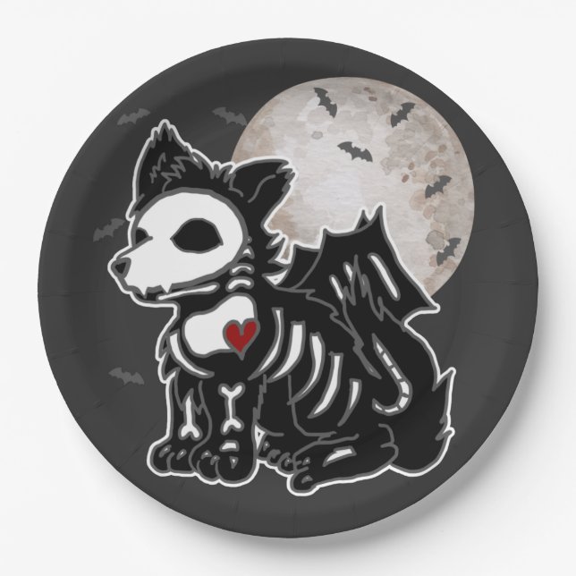 Anime Wolf Emo Goth Edgy Skeleton Halloween Dog Sq Pappteller (Vorderseite)