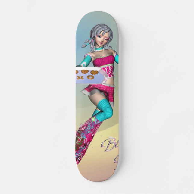 Animemädchen mit Plätzchen Skateboard (Vorderseite)