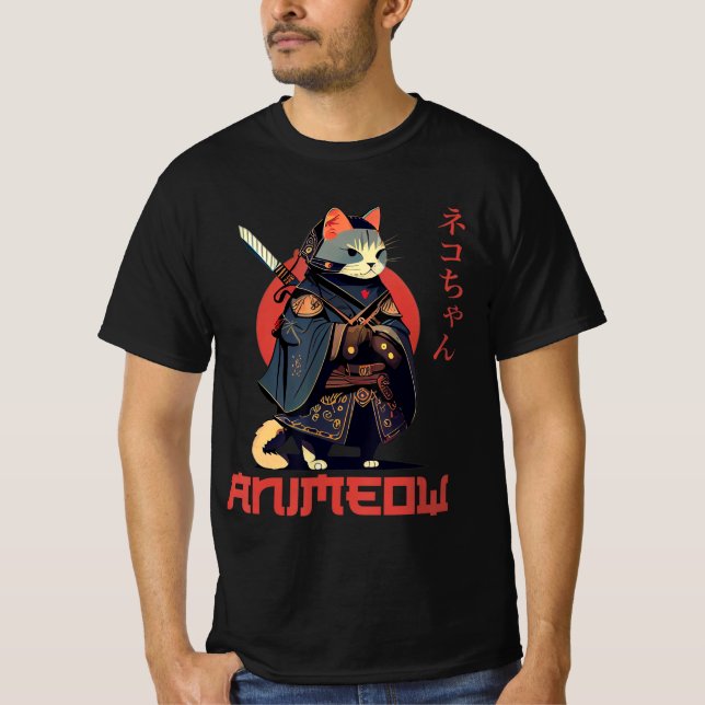 ANIMEOW Fun Niedlich Samurai Kawaii Cat Ninja Kost T-Shirt (Vorderseite)