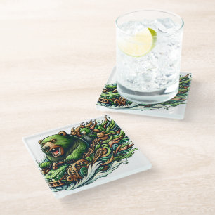 Animierte Bären fahren mit einem grünen Auto Glasuntersetzer