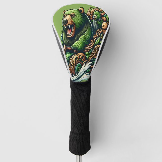 Animierte Bären fahren mit einem grünen Auto Golf Headcover (Vorderseite)