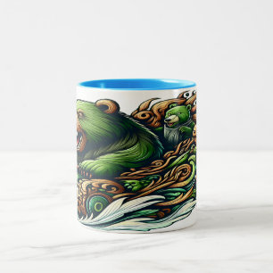 Animierte Bären fahren mit einem grünen Auto Zweifarbige Tasse