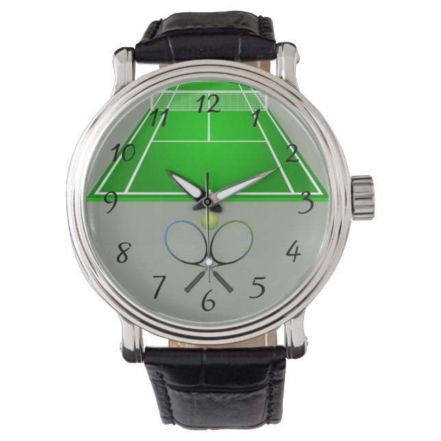 Animierter Tennisplatz und Schläger mit großer Uhr (Vorderseite)