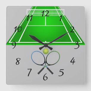Animierter Tennisplatz und Tennisschläger Quadratische Wanduhr