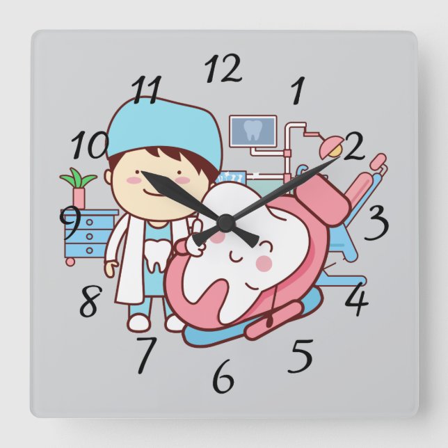 Animierter Zahnarzt mit einer großen Uhr (Vorderseite)