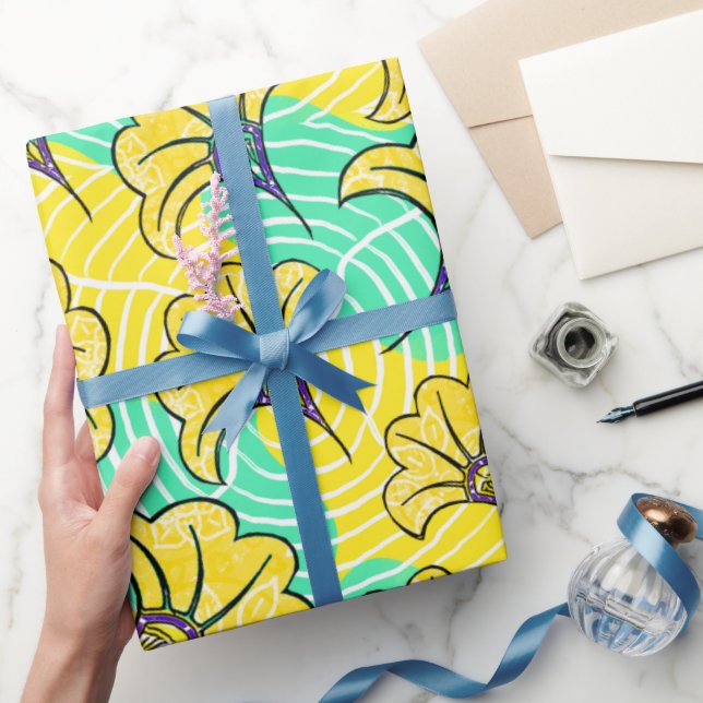 Ankara Türkis und Gelbe Flora Umhüllungspapier Geschenkpapier (Schenken)