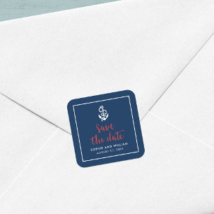 Anker Blau und Rot Schrift Save the Date Quadratischer Aufkleber