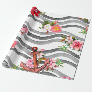 Anker, Blume und Meereswellen. Nahtloses Muster wi Geschenkpapier