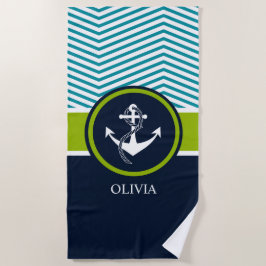 ANKER-GESTREIFTES SEEmonogramm-GRÜN UND MARINE Strandtuch