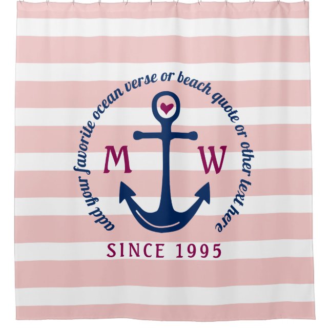 Anker-Herz-Rosa Stripes Seemonogramm-Logo Duschvorhang (Vorderseite)