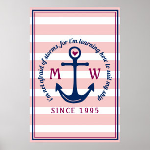 Anker-Herz-Rosa Stripes Seemonogramm-Logo Poster