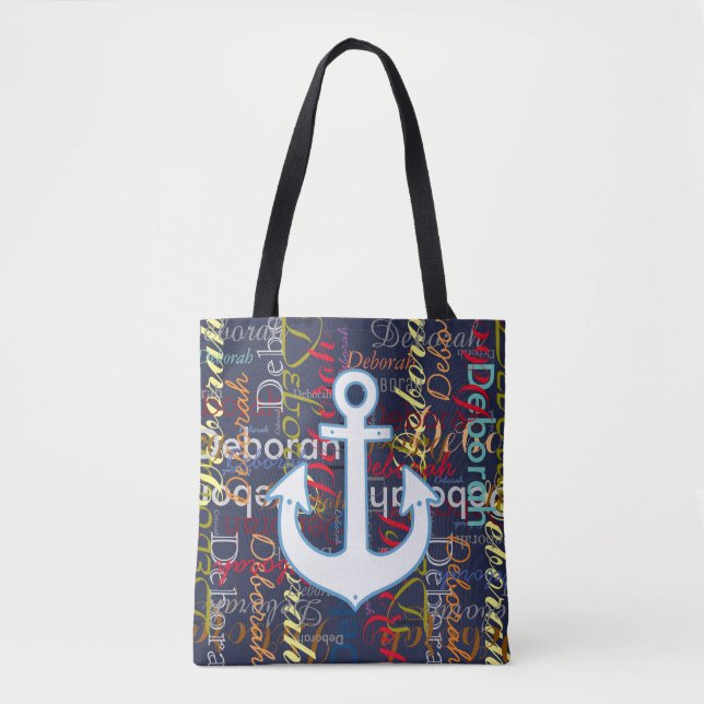 Anker mit farbenfrohen Namen auf blau Tasche (Vorderseite)