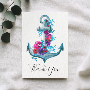Anker mit maritimer Wasserfarbe-Blumen Thank You Dankeskarte