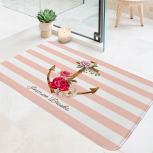 Anker mit rosa Blumen und nautischen Streifen, ben Badematte
