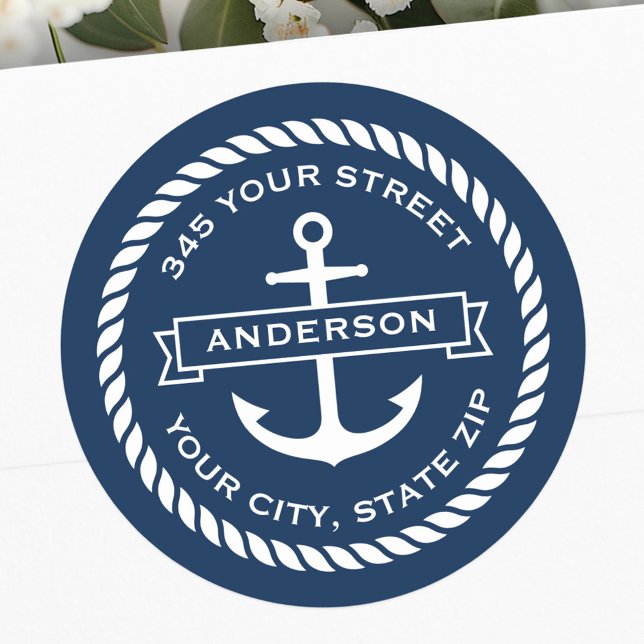 Anker mit Rücksendeadresse von Banner und Seilrück Runder Aufkleber (Anchor with banner and rope border return address classic round sticker)