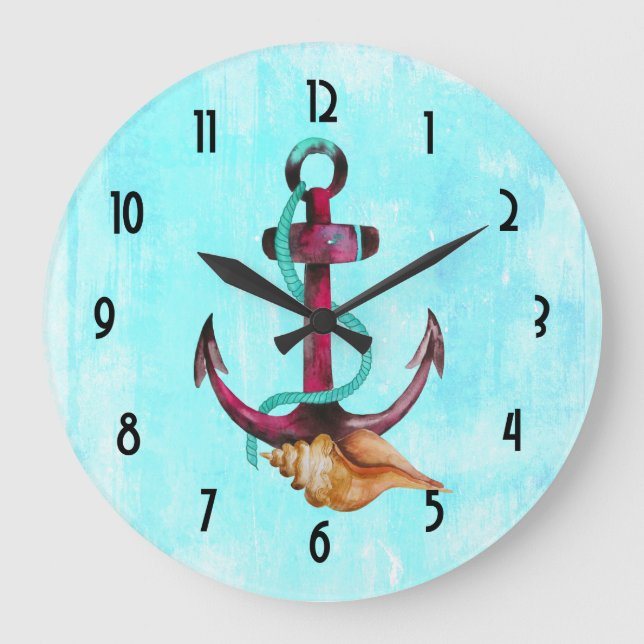 Anker mit Seil und Muschel in Wasserfarben Große Wanduhr (Vorderseite)