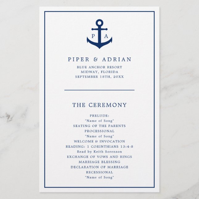 Anker-Monogramm-nautisches Hochzeitsprogramm zum g (Vorne)