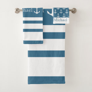 Anker Nautical Küste Blau Weiße Streifen Name Badhandtuch Set