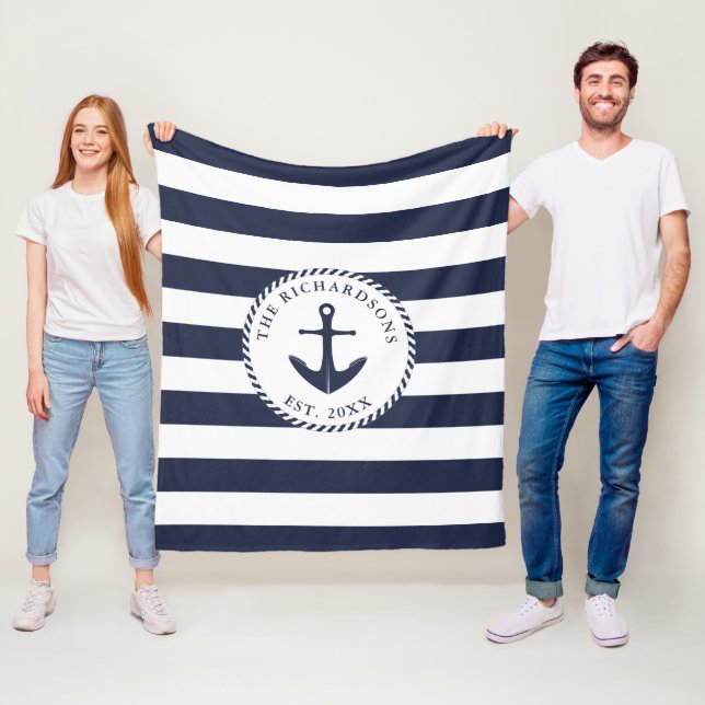 Anker Navy Blue und White Striping Nautical Family Fleecedecke (Beispiel)