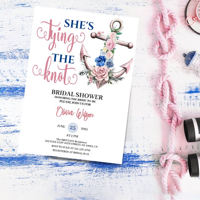 Anker Rose Knoten Binden Schiffsbraut Dusche Einladung (Anchor Rose Tying the Knot Nautical Bridal shower floral summer for her blush pink bride to be invit)