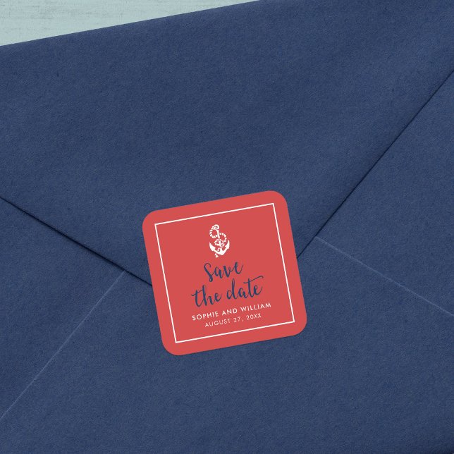 Anker Rot Blau Skript Save-the-Date Quadratischer Aufkleber (Von Creator hochgeladen)