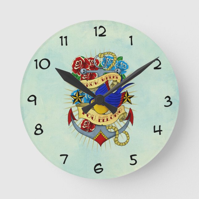 Anker, Schlucken und Rose Runde Wanduhr (Vorderseite)
