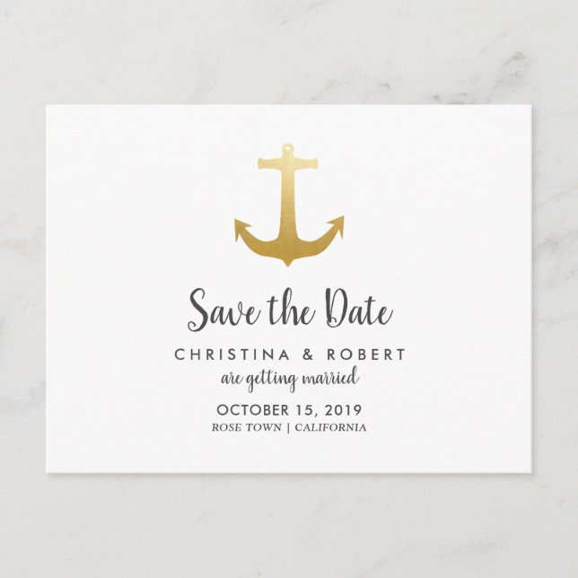 Anker-SeeImitat-Goldfolie | Save the Date Ankündigungspostkarte (Vorderseite)