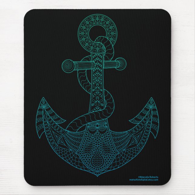 Anker-Seekunst-Kontur-Meerblaues Ombre Schwarzes Mousepad (Vorne)