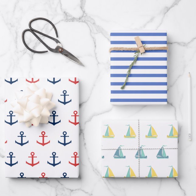 Anker, Streifen und Segelboot  Geschenkpapier Set (Vorderseite)